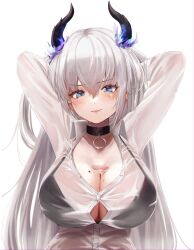 Rule 34 | 1girl, absurdres, arms behind head, arms up, black bra, black choker, black horns, blue eyes, blush, bra, bra visible through clothes, breasts, button gap, choker, cleavage, commission, fang, fang out, glint, grey hair, highres, horns, large breasts, looking at viewer, mole, mole on breast, original, see-through, see-through shirt, shirt, sihana156, simple background, solo, tears, underwear, upper body, wakamezake, white background, white shirt