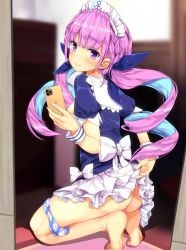 Rule 34 | 1girl, apple inc., ass, barefoot, blue hair, blush, bow, braid, breasts, colored inner hair, commentary request, from behind, frown, hair ribbon, highres, holding, holding phone, hololive, long hair, looking at viewer, maid, medium breasts, minato aqua, minato aqua (1st costume), multicolored hair, nipples, panties, panties around leg, phone, purple eyes, purple hair, ribbon, smile, solo, striped clothes, striped panties, tries, twintails, two-tone hair, underwear, virtual youtuber, white bow
