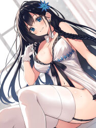 Rule 34 | 1girl, absurdres, babydoll, bare shoulders, black choker, black hair, blue eyes, bow, breasts, choker, cleavage, earrings, flower, garter straps, gloves, grin, hair flower, hair ornament, hand up, highres, jewelry, kurebayashi noe, large breasts, long hair, looking at viewer, mole, mole on breast, mole on thigh, navel, original, pulling own clothes, smile, solo, spaghetti strap, stomach, strap pull, thighhighs, thighs, very long hair, white babydoll, white bow, white gloves, white thighhighs