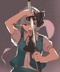 Rule 34 | 1girl, arm up, ascot, black ascot, black hairband, black ribbon, blunt bangs, bob cut, buttons, collared shirt, dress shirt, glowing, glowing eye, green vest, grey background, grey hair, hair ribbon, hairband, hand up, highres, hitodama, holding, holding sheath, holding sword, holding weapon, katana, konpaku youmu, konpaku youmu (ghost), light particles, looking at viewer, open clothes, open mouth, puffy short sleeves, puffy sleeves, red eyes, ribbon, rizeass, scabbard, sheath, shirt, short hair, short sleeves, sidelocks, simple background, skirt, skirt set, solo, sword, touhou, unsheathing, upper body, v-shaped eyebrows, vest, weapon, white shirt, wing collar