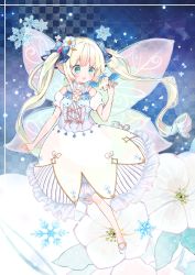 Rule 34 | 1girl, :o, absurdres, aqua eyes, bare shoulders, bird, blonde hair, blue bird, blue bow, blush, bow, checkered background, commentary, dress, fairy, fairy wings, flower, hacosumi, hair bow, highres, medium dress, no socks, original, petite, pointy ears, short sleeves, snowflakes, solo, twintails, white dress, white flower, white footwear, wings