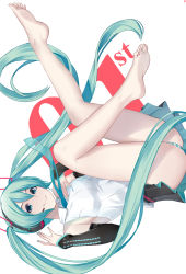 Rule 34 | 1girl, absurdres, aqua eyes, aqua hair, aqua necktie, barefoot, breasts, collared shirt, commentary, detached sleeves, eyelashes, feet, floating, full body, hair between eyes, hands up, hatsune miku, hatsune miku (vocaloid4), headset, highres, legs, long hair, long legs, looking at viewer, medium breasts, nail polish, necktie, panties, pantyshot, pleated skirt, shadow, shirt, sideboob, sidelocks, signature, simple background, skirt, sleeveless, sleeveless shirt, smile, soles, solo, striped clothes, striped panties, toes, twintails, underwear, upside-down, very long hair, vocaloid, w4pz, white background, white shirt