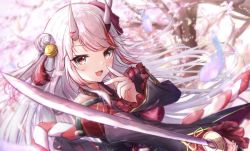 Rule 34 | 1girl, absurdres, black kimono, blurry, blurry background, cherry blossoms, commentary request, double bun, fang, hair between eyes, hair bun, highres, holding, holding sword, holding weapon, hololive, horns, japanese clothes, katana, kimono, long hair, looking at viewer, mask, mask on head, multicolored hair, nakiri ayame, nakiri ayame (1st costume), obi, oni mask, open mouth, red eyes, red hair, red kimono, sarasuty, sash, silver hair, skin-covered horns, skin fang, solo, streaked hair, sword, tree, virtual youtuber, weapon
