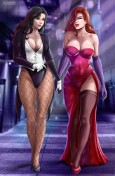Rule 34 | 2girls, bare shoulders, black hair, black legwear, breasts, cleavage, closed eyes, couple, crossover, dc comics, dress, elbow gloves, eyeshadow, fishnet pantyhose, fishnets, flowerxl, gloves, hair over one eye, high heels, holding hands, jessica rabbit, large breasts, laughing, leotard, lipstick, long hair, looking to the side, makeup, multiple girls, nightgown, pantyhose, purple gloves, red hair, side slit, strapless, strapless dress, thick thighs, thighhighs, thighs, tuxedo jacket, tuxedo shirt, wand, watermark, web address, who framed roger rabbit, wide hips, zatanna zatara