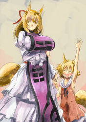 Rule 34 | 2girls, :d, animal ears, arm up, armpits, blonde hair, blush, breast hold, breasts, commentary request, crossed arms, dress, fang, fox ears, fox tail, hair ribbon, holding hands, huge breasts, if they mated, impossible clothes, impossible dress, long hair, looking at viewer, mother and daughter, multiple girls, open mouth, red dress, ribbon, short hair, smile, standing, tabard, tail, touhou, white dress, yakumo ran, yellow eyes, yohane