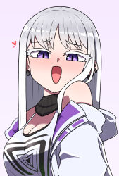 Rule 34 | 1girl, :p, blush, cheona (last origin), colored eyelashes, earrings, grey background, heart, highres, jacket, jewelry, last origin, long hair, looking at viewer, omoitsuka, open mouth, purple eyes, silver hair, simple background, smile, solo, tank top, tongue, tongue out