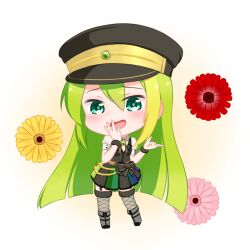 Rule 34 | 1girl, alina gray, black bow, black hat, black vest, blonde hair, blush, bow, chain, chibi, fishnet thighhighs, fishnets, flower, fold-over boots, full body, fur-trimmed thighhighs, fur cuffs, fur trim, green eyes, green hair, hair between eyes, hat, long hair, looking at viewer, mado kara konnichiwa, magia record: mahou shoujo madoka magica gaiden, magical girl, mahou shoujo madoka magica, multicolored clothes, multicolored hair, multicolored skirt, open mouth, peaked cap, pink flower, pleated skirt, puffy short sleeves, puffy sleeves, red flower, see-through, see-through sleeves, short sleeves, sidelocks, simple background, skirt, smile, solo, standing, straight hair, streaked hair, striped clothes, striped skirt, thighhighs, v-neck, vertical-striped clothes, vertical-striped skirt, vest, waist bow, white sleeves, yellow flower
