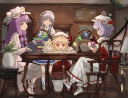 Rule 34 | 4girls, ankle boots, apron, arms on table, bat wings, behind another, blonde hair, blue dress, blue eyes, book, book stack, boots, bow, braid, brown footwear, chair, commentary request, crescent, crescent hair ornament, crossed legs, crystal, cup, double bun, dress, drinking glass, flandre scarlet, flower, hair bun, hair ornament, hair ribbon, hat, hat ribbon, head rest, head tilt, holding, holding tray, indoors, izayoi sakuya, kneehighs, lamp, light purple hair, long hair, looking at another, looking at viewer, maachi (fsam4547), maid headdress, mob cap, multiple girls, open book, open mouth, own hands together, painting (object), patchouli knowledge, picture frame, profile, puffy short sleeves, puffy sleeves, purple eyes, purple hair, red bow, red eyes, red flower, red footwear, red rose, red skirt, remilia scarlet, ribbon, robe, rose, short hair, short sleeves, sidelocks, silver hair, sitting, skirt, smile, socks, standing, table, teapot, touhou, tray, tress ribbon, twin braids, vase, very long hair, waist apron, white dress, white footwear, white legwear, wine glass, wings, wrist cuffs