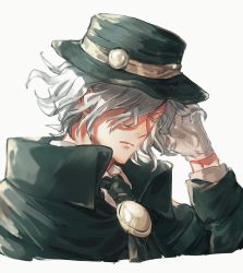 Rule 34 | 1boy, closed eyes, collared shirt, edmond dantes (fate), fate/grand order, fate (series), formal, gloves, green hat, green jacket, hat, himo (himodayoo), jacket, long sleeves, male focus, medium hair, shirt, silver hair, simple background, solo, suit, upper body, white background, white gloves, white shirt, wing collar, yellow eyes