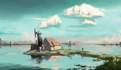 Rule 34 | cloud, day, house, iridori, island, landscape, mill, no humans, scenery, sky, water, windmill