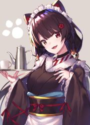 Rule 34 | 1girl, :d, absurdres, animal ears, black choker, black kimono, blunt bangs, blush, cat ears, choker, commentary request, cup, fangs, flower, grey background, hair flower, hair ornament, hand on own chest, heterochromia, highres, holding, holding tray, inui toko, japanese clothes, kimono, long hair, long sleeves, looking at viewer, low twintails, maid, maid headdress, nijisanji, obi, open mouth, paw print, paw print background, red eyes, sash, skin fangs, smile, solo, teacup, teapot, tray, twintails, very long hair, virtual youtuber, wa maid, wide sleeves, yellow eyes, yuuki nao (pixiv10696483)