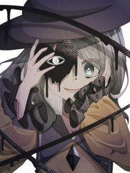 Rule 34 | 1girl, black hat, blouse, bright pupils, buttons, commentary request, covering one eye, diamond button, frilled sleeves, frills, green eyes, green hair, hand on own face, hands up, hat, holding, komeiji koishi, long sleeves, looking at viewer, parted lips, shirt, simple background, smile, solo, touhou, upper body, user ymkd7372, white background, white pupils, yellow shirt