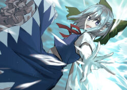 Rule 34 | 1girl, blue background, blue eyes, blue hair, blue skirt, blue vest, bow, cirno, dutch angle, frilled skirt, frills, from side, green bow, hair between eyes, hair bow, highres, ice, ice wings, looking at viewer, medium hair, neck ribbon, otoshiro kosame, outstretched arm, outstretched hand, petticoat, puffy short sleeves, puffy sleeves, red ribbon, ribbon, short sleeves, skirt, skirt set, solo, touhou, vest, wings