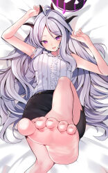 Rule 34 | 1girl, absurdres, ahoge, alternate breast size, armpit peek, bare legs, barefoot, bed sheet, black skirt, blue archive, blush, breasts, demon horns, feet, foot focus, foot out of frame, grey hair, hair spread out, halo, highres, hina (blue archive), horns, leg up, long hair, looking at viewer, lying, medium breasts, mi taro333, on back, pink eyes, shirt, skirt, sleeveless, sleeveless shirt, smile, soles, solo, toes, very long hair, white shirt