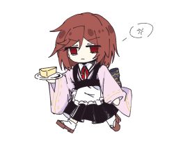 Rule 34 | 1boy, anger vein, apron, brown hair, chibi, chinese commentary, closed mouth, collared shirt, commentary request, food, frills, frown, geta, harada mutei, holding, holding plate, japanese clothes, long sleeves, maid, maid apron, medium hair, no nose, plate, red eyes, saibou shinkyoku, shirt, socks, solo, speech bubble, spoken anger vein, tsurugi 1953, white apron, white shirt, white socks, wide sleeves