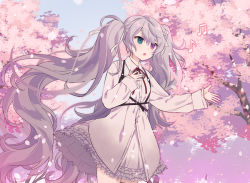 Rule 34 | 1girl, 25-ji miku, beamed eighth notes, blue eyes, cherry blossoms, collared dress, commentary, cowboy shot, dress, eighth note, empty eyes, frilled dress, frilled sleeves, frills, hair ribbon, hand on own chest, hatsune miku, heterochromia, long hair, long sleeves, looking to the side, music, musical note, neck ribbon, open mouth, pink eyes, pink theme, project sekai, red ribbon, ribbon, shachi (kaisendon), singing, solo, tree, twintails, very long hair, vocaloid, white dress, white hair