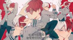 Rule 34 | 10s, 1boy, blue eyes, boku no hero academia, flower, half-closed eyes, heterochromia, korean text, looking at viewer, male focus, multicolored hair, multiple views, necktie, one eye closed, pants, red flower, red hair, red necktie, red rose, rose, school uniform, sideburns, solo focus, text focus, todoroki shouto, translation request, two-tone hair, white flower, white hair, white rose