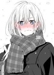 Rule 34 | 1girl, ahoge, bag, blue eyes, blush, check commentary, coat, commentary request, ear blush, embarrassed, eyes visible through hair, full-face blush, highres, holding, holding bag, looking at viewer, monochrome, original, plaid, plaid scarf, pov, scarf, shiime, snowing, solo, spot color, upper body, white background