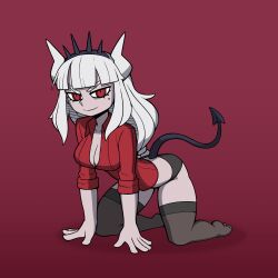 Rule 34 | 1girl, absurdres, all fours, black hairband, black panties, black thighhighs, blunt bangs, breasts, cleavage, closed mouth, demon girl, demon tail, female focus, full body, hair tie, hairband, half-closed eyes, happy, helltaker, highres, horns, long hair, long sleeves, looking at viewer, low-tied long hair, lucifer (helltaker), medium breasts, mielle635, mole, mole under eye, no pants, panties, red background, red eyes, red shirt, shirt, sidelocks, simple background, sleeves rolled up, smile, solo, spikes, split mouth, tail, tail raised, thighhighs, underwear, v-shaped eyebrows, white hair, white horns