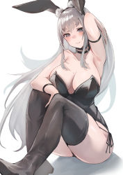 Rule 34 | 1girl, alexi oekaki, animal ears, arm strap, arm up, armpits, bare shoulders, black choker, black hairband, black leotard, black thighhighs, blush, boots, breasts, choker, cleavage, commentary request, fake animal ears, grey hair, hairband, highres, large breasts, leotard, long hair, mole, mole on breast, original, parted lips, playboy bunny, rabbit ears, simple background, sitting, smile, thigh boots, thighhighs, thighs, white background