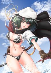 Rule 34 | 1girl, absurdres, animal print, bikini, blue sky, breasts, brown gloves, cape, cloud, cowboy shot, cutlass, dated, day, eyepatch, gloves, green eyes, green hair, hat, highres, kantai collection, kiso (kancolle), kiso kai ni (kancolle), looking at viewer, medium breasts, navel, outdoors, sailor hat, short hair, side-tie bikini bottom, sky, smile, solo, standing, swimsuit, tiger print, translation request, twitter username, white hat, yaegashi (muzzuleflash)