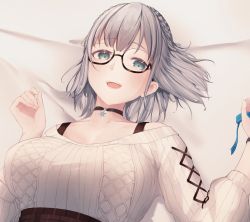 Rule 34 | 1girl, aqua eyes, bed, bed sheet, black choker, blue ribbon, blush, braid, breasts, choker, commentary, crown braid, glasses, grey sweater, highres, hololive, large breasts, looking at viewer, lying, moubun nisei, official alternate costume, on back, on bed, open mouth, ribbed sweater, ribbon, semi-rimless eyewear, shirogane noel, shirogane noel (casual), short hair, silver hair, smile, snowflake choker, solo, sweater, sweater tucked in, upper body, virtual youtuber, watch, wristwatch