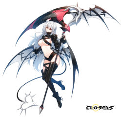 Rule 34 | 1girl, bat wings, breasts, closers, demon girl, demon tail, demon wings, eyepatch, full body, highres, horn, large breasts, looking at viewer, mirae (closers), nail polish, navel, official art, red eyes, scythe, simple background, solo, tail, weapon, white hair, wings