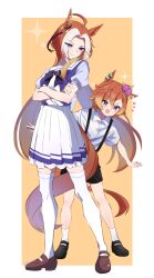 Rule 34 | 2girls, aged down, ahoge, animal ears, black footwear, black shorts, blue eyes, bow, bowtie, brown footwear, closed mouth, collared shirt, crossed arms, crown, ear piercing, earrings, full body, highres, horse ears, horse girl, horse tail, jewelry, long hair, looking at another, looking at viewer, mini crown, mochiyukimi21, multiple girls, notice lines, open mouth, orange hair, orfevre (umamusume), parted lips, petticoat, piercing, purple eyes, purple shirt, sailor collar, school uniform, shirt, shoes, short hair, shorts, single earring, skirt, smile, socks, sparkle, standing, suspender shorts, suspenders, t.m. opera o (umamusume), tail, thighhighs, tracen school uniform, umamusume, v-shaped eyebrows, white shirt, white skirt, white socks, white thighhighs