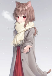 Rule 34 | 1girl, animal ear fluff, animal ears, anz32, blush, breath, brown hair, cat ears, cat girl, cat tail, closed mouth, coat, commentary request, enpera, fringe trim, grey background, grey coat, hair between eyes, hair ornament, hairclip, high-waist skirt, long hair, long sleeves, looking at viewer, nina (anz32), open clothes, open coat, original, outstretched hand, pleated skirt, red eyes, red skirt, scarf, skirt, smile, snowing, solo, tail, twitter username, white scarf