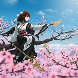 Rule 34 | 1girl, absurdres, black wings, blue sky, blurry, blurry background, blurry foreground, breasts, brown hair, cherry blossoms, cherry tree, day, depth of field, fasnakegod, feathered wings, flower, from side, full body, geta, hat, hauchiwa, highres, holding, holding staff, in tree, kourindou tengu costume, long sleeves, medium breasts, outdoors, outstretched arm, petals, pink flower, pom pom (clothes), red eyes, red footwear, red hat, red tassel, scenery, shameimaru aya, short hair, sitting, sitting in tree, sky, solo, staff, tokin hat, touhou, tree, white legwear, wide sleeves, wind, wings