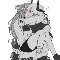 Rule 34 | 2girls, animal ears, arknights, arms around neck, bandaged leg, bandages, carrying, demon horns, earrings, flower, flying sweatdrops, folinic (arknights), gloves, hair flower, hair ornament, highres, horns, jewelry, long hair, long sleeves, mudrock (arknights), multiple girls, ong (fyza2772), open mouth, partially colored, pointy ears, princess carry, red eyes, sweat, white background, yuri