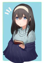 Rule 34 | 1girl, :o, absurdres, black hair, blue eyes, blue shawl, blush, book, cropped torso, double-parted bangs, hairband, highres, holding, holding book, idolmaster, idolmaster cinderella girls, long hair, looking at viewer, magicaholic, notice lines, ribbed sweater, sagisawa fumika, shawl, simple background, solo, straight hair, sweater, upper body, white hairband
