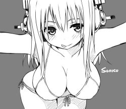 Rule 34 | 1girl, :p, bikini, breasts, character name, cleavage, grey background, greyscale, headphones, large breasts, long hair, looking at viewer, monochrome, nitroplus, sky-freedom, solo, string bikini, super sonico, swimsuit, tongue, tongue out