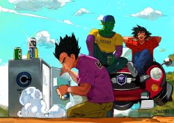 Rule 34 | 3boys, alcohol, arms behind head, bald, beer, black hair, car, casual, colored skin, conto, denim, dragon ball, dragonball z, green skin, hat, highres, jeans, male focus, motor vehicle, multiple boys, muscular, on vehicle, open mouth, pants, piccolo, pointy ears, shirt, short hair, smile, son goku, spiked hair, vegeta, wristband