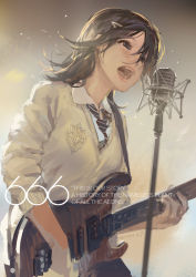 Rule 34 | 10s, 1girl, 666, 2013, artist name, brown eyes, brown hair, dated, electric guitar, english text, engrish text, female focus, guitar, hair ornament, hairclip, hjl, instrument, microphone, microphone stand, music, original, ranguage, school uniform, singing, solo, sweater, text focus