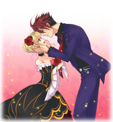 Rule 34 | 07th expansion, 1boy, 1girl, bare shoulders, beatrice (umineko), black battler, blonde hair, blue eyes, choker, dress, eye contact, flower, hair bun, hair flower, hair ornament, hands on another&#039;s face, looking at another, necktie, no naku koro ni (series), open mouth, red eyes, red hair, rose, single hair bun, smile, sousui hani, umineko no naku koro ni, ushiromiya battler, wide sleeves