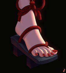 Rule 34 | 1girl, absurdres, artist logo, barefoot, black background, commentary, english commentary, feet, feet only, foot focus, genshin impact, geta, highres, mohoshadream, nail polish, platform footwear, red nails, red rope, rope, sandals, shadow, shiny skin, solo, toenail polish, toenails, toes, yoimiya (genshin impact)