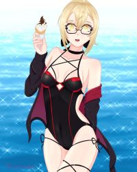Rule 34 | 1girl, artoria pendragon (fate), blonde hair, casual one-piece swimsuit, fate/grand order, fate (series), glasses, highres, mysterious heroine x alter (fate), one-piece swimsuit, swimsuit, yellow eyes