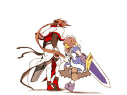 Rule 34 | 1boy, 1girl, aq interactive, arc system works, arcana heart, armor, armored dress, atlus, bad id, brown hair, concrete, crossover, esaka, examu, fiona mayfield, from behind, gloves, guilty gear, looking back, m.u.g.e.n, order-sol, order sol, ribbon, running, short twintails, sol badguy, sword, twintails, weapon