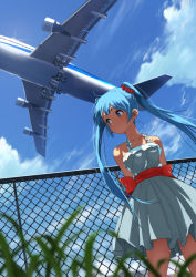 Rule 34 | 1girl, aircraft, airplane, bare shoulders, blue eyes, blue hair, blue sky, blurry, blurry foreground, blush, bow, chain-link fence, closed mouth, cloud, collarbone, commentary request, day, depth of field, domo1220, dress, fence, from below, glint, hair ornament, hair scrunchie, hatsune miku, long hair, looking away, looking to the side, outdoors, red bow, red scrunchie, scrunchie, sky, sleeveless, sleeveless dress, smile, solo, twintails, very long hair, vocaloid, white dress