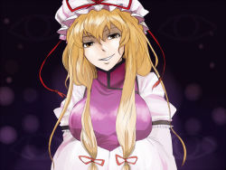 Rule 34 | 1girl, 510 (ozoneberry), blonde hair, breasts, dress, female focus, grin, hair ribbon, hair up, hat, hat ribbon, light particles, long hair, long sleeves, looking at viewer, mob cap, own hands together, purple background, ribbon, sidelocks, smile, solo, tabard, touhou, upper body, white dress, wide sleeves, yakumo yukari, yellow eyes