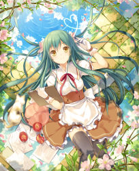 Rule 34 | 1girl, 6u (eternal land), apple, apron, aqua hair, black thighhighs, blue sky, brown dress, butterfly hair ornament, cat, clipboard, cloud, day, dress, food, fruit, gloves, hair ornament, looking at viewer, lying, on back, original, overgrown, petals, puffy sleeves, reflection, short sleeves, sky, smile, solo, thighhighs, twintails, waist apron, white gloves, yellow eyes, zettai ryouiki