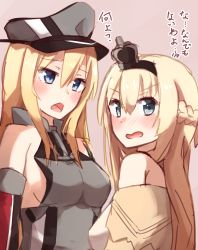 Rule 34 | 10s, 2girls, armor, bismarck (kancolle), blonde hair, blue eyes, blush, braid, breastplate, crown, detached sleeves, dress, french braid, hat, highres, kantai collection, kapatarou, long hair, looking at viewer, military hat, mini crown, multiple girls, off-shoulder dress, off shoulder, open mouth, peaked cap, translated, upper body, warspite (kancolle), white dress