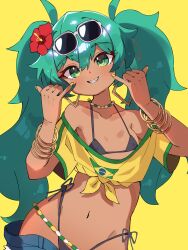 1girl aqua_hair bead_choker beads bikini black_bikini bracelet brazil brazilian_flag brazilian_flag_print brazilian_miku breasts collarbone commentary dark-skinned_female dark_skin earrings english_commentary eyewear_on_head flower green_eyes hair_flower hair_ornament hatsune_miku highres jewelry long_hair looking_at_viewer mero_remo_sugoi multiple_bracelets navel rectangular_earrings shirt shorts small_breasts solo sunglasses swimsuit tan tanline twintails upper_body vocaloid yellow_background yellow_nails yellow_shirt