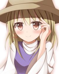 Rule 34 | 1girl, :&gt;, aura, blonde hair, hair ribbon, hand on own face, hat, high collar, kuroganeruto, long hair, long sleeves, looking at viewer, moriya suwako, red eyes, ribbon, sidelocks, simple background, smile, solo, touhou, white background