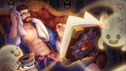 Rule 34 | 1boy, abs, artist request, bara, bare pectorals, beard, black-framed eyewear, blue shorts, book, brown hair, bulge, check artist, collarbone, couch, facial hair, floating, floating object, ghost, grimoire, gyee, hair slicked back, highres, male focus, mature male, muscular, muscular male, navel, nipples, official art, official wallpaper, on couch, open clothes, open robe, pectorals, robe, short hair, shorts, smile, solo, stomach, towel, towel around neck, vundo (gyee), wiping face, yawen