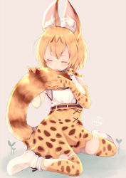 Rule 34 | 10s, 1girl, animal ear fluff, animal ears, blonde hair, bow, cat ears, cat tail, chita (ketchup), elbow gloves, closed eyes, full body, gloves, highres, kemono friends, licking, licking tail, print skirt, serval (kemono friends), serval print, serval tail, shoes, short hair, signature, sitting, skirt, smile, solo, sprout, tail, twitter username, wariza, white footwear