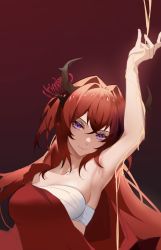 Rule 34 | 1girl, arknights, arm up, armpits, bandages, bare shoulders, breasts, closed mouth, crossed bangs, flower, gradient background, hair flower, hair intakes, hair ornament, highres, horns, large breasts, lic 628, liquid, long hair, looking at viewer, off shoulder, open clothes, red background, red flower, red hair, sarashi, simple background, smile, solo, spider lily, surtr (arknights)