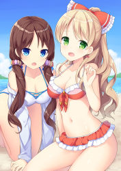 Rule 34 | 2girls, :d, :o, all fours, amemiya ruki, bare arms, bare shoulders, beach, bikini, blonde hair, blue eyes, blue sky, blush, bow, breasts, brown hair, casual one-piece swimsuit, cleavage, cloud, collarbone, commentary request, day, earrings, green eyes, hair bow, high ponytail, highres, jacket, jewelry, long hair, looking at viewer, low twintails, medium breasts, multiple girls, navel, ocean, off shoulder, one-piece swimsuit, open clothes, open jacket, open mouth, original, outdoors, ponytail, red bikini, red bow, sand, sidelocks, sitting, sky, smile, swimsuit, twintails, very long hair, water, white jacket, white one-piece swimsuit