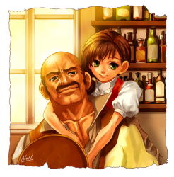 Rule 34 | 1boy, 1girl, apron, bald, bar (place), bottle, brown hair, cardwirth, facial hair, green eyes, height difference, hetero, hug, hug from behind, indoors, kujou non, looking at viewer, mustache, puffy short sleeves, puffy sleeves, short sleeves, tray, waist apron, waitress